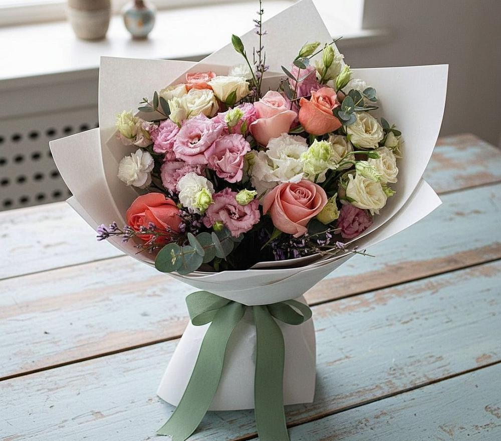 Букет цветов из: Розы, Лизиантусы и Гвоздики в Михнево