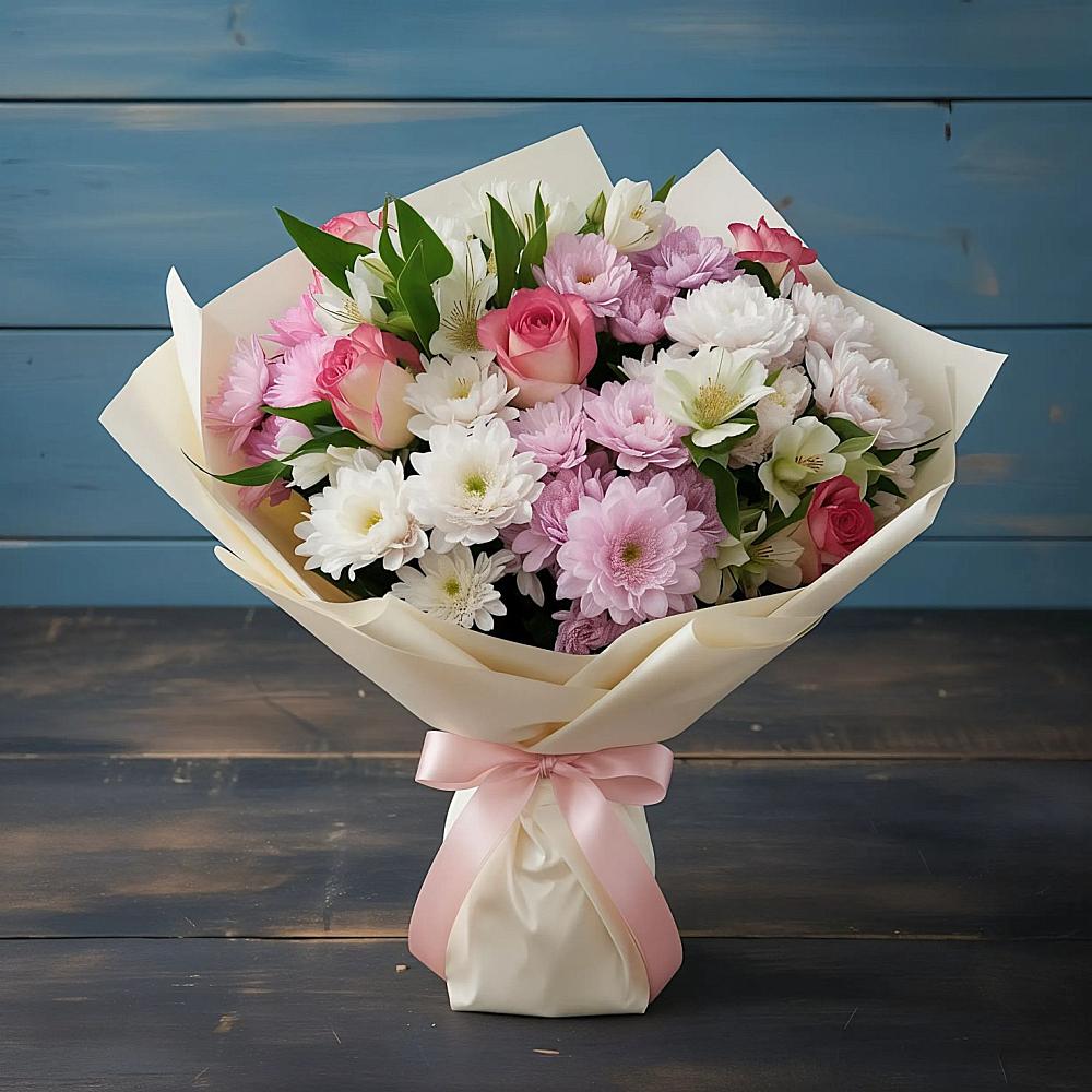 Букет цветов из: Хризантемы, Альстромерии и Розы в Михнево